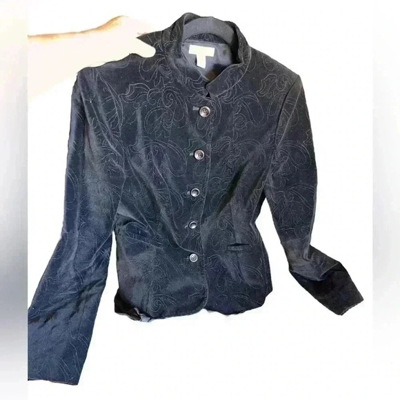 Charter Club size 6 fitted black velveteen button down jacket baroque stitching. - Picture 1 of 10